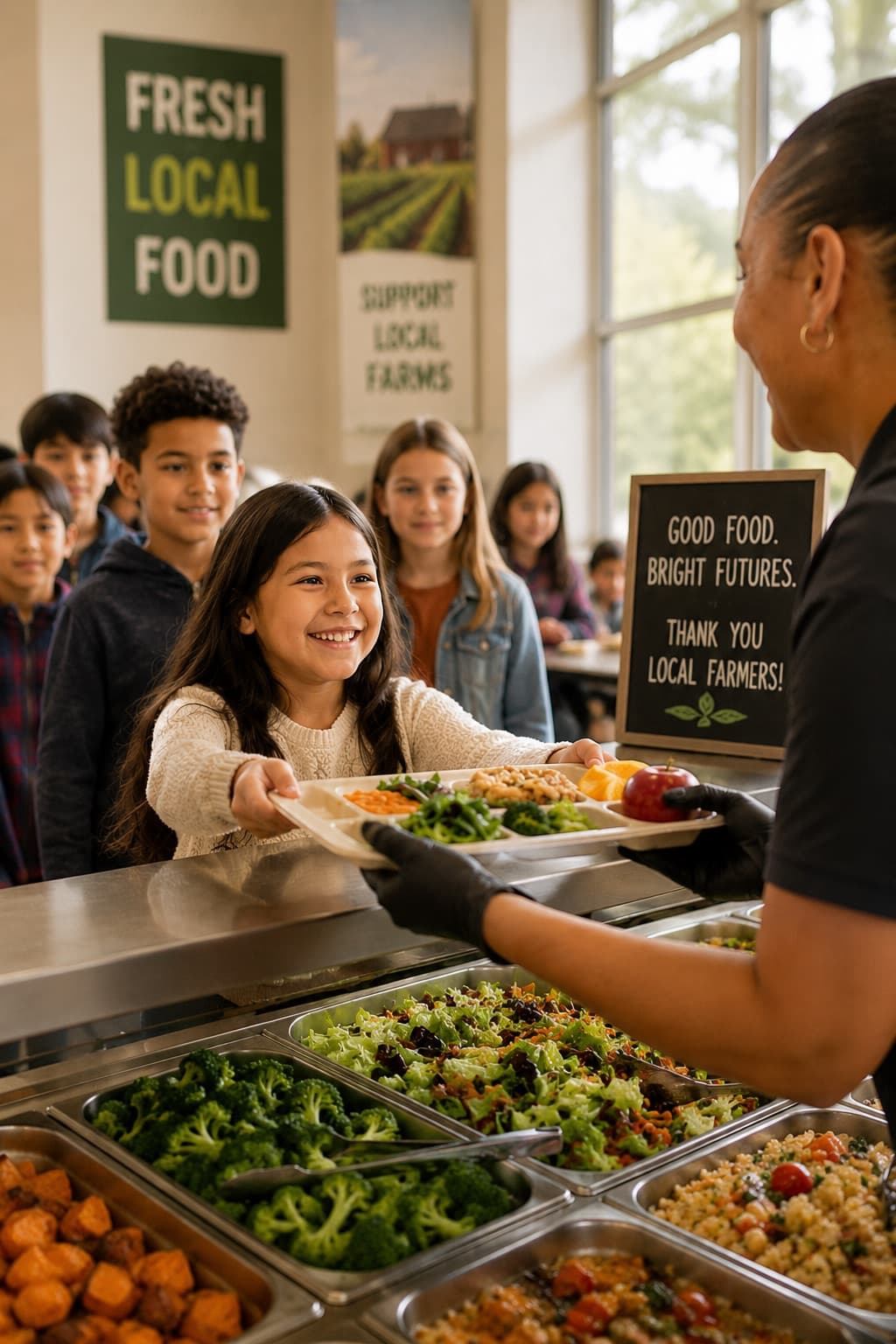 A student receiving a tray of fresh local food in the cafeteria line